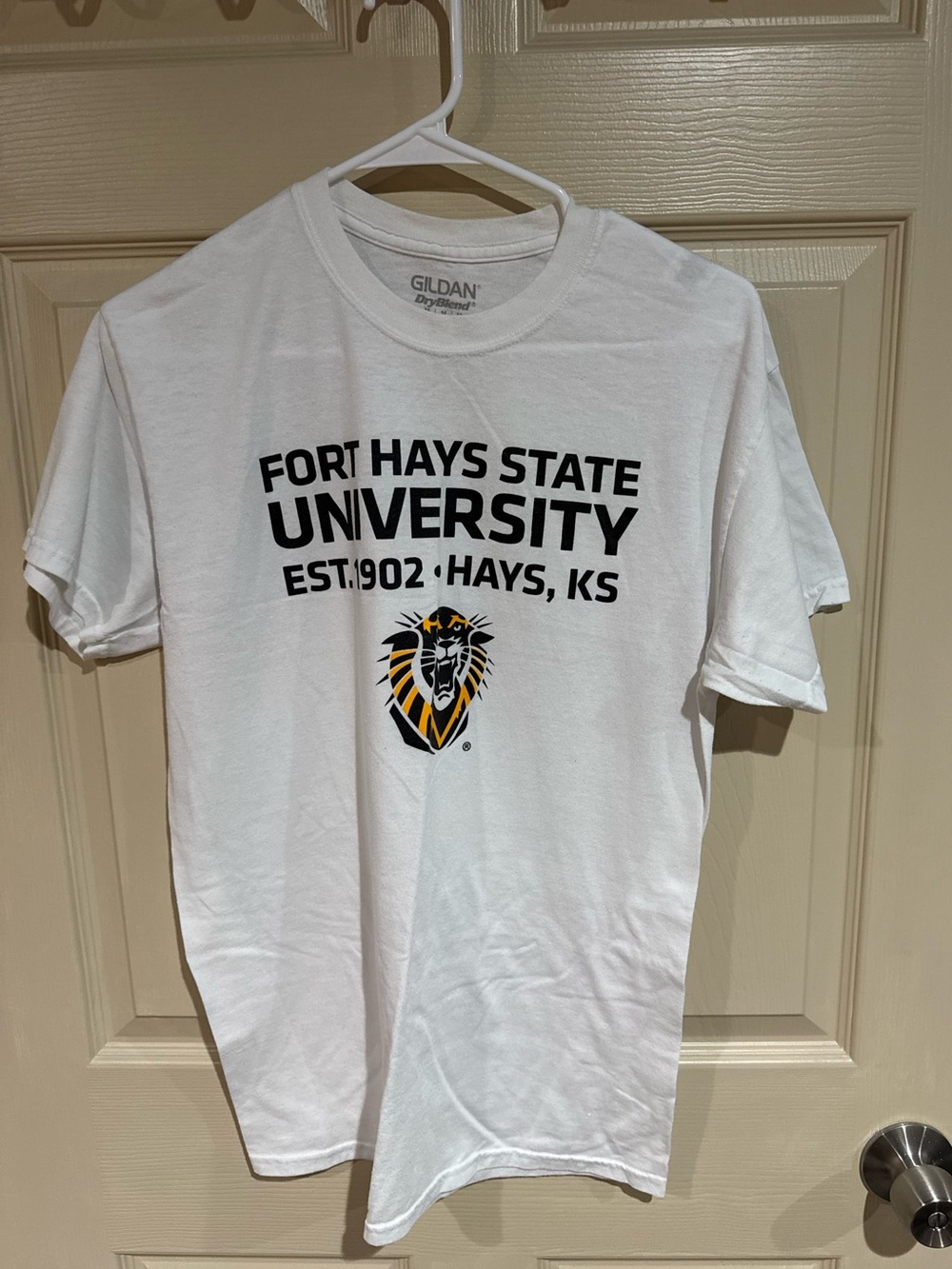 Gildan White Fort Hays State University Graphic Tee with Black and Gold Logo